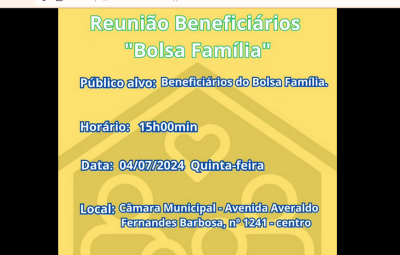 Imagem da notícia Reunião com beneficiários do programa Bolsa Família acontece dia 4 de julho em Alcinópolis
